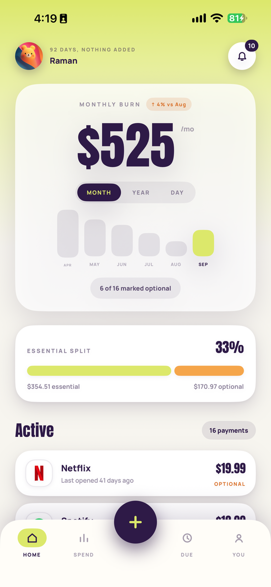 TAOT home screen showing a monthly total and the list of tracked payments