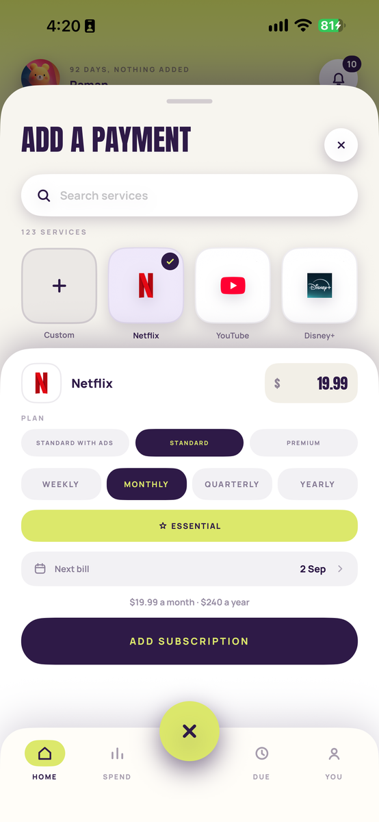 Adding Netflix, showing plan tiers, billing cycle and the essential control