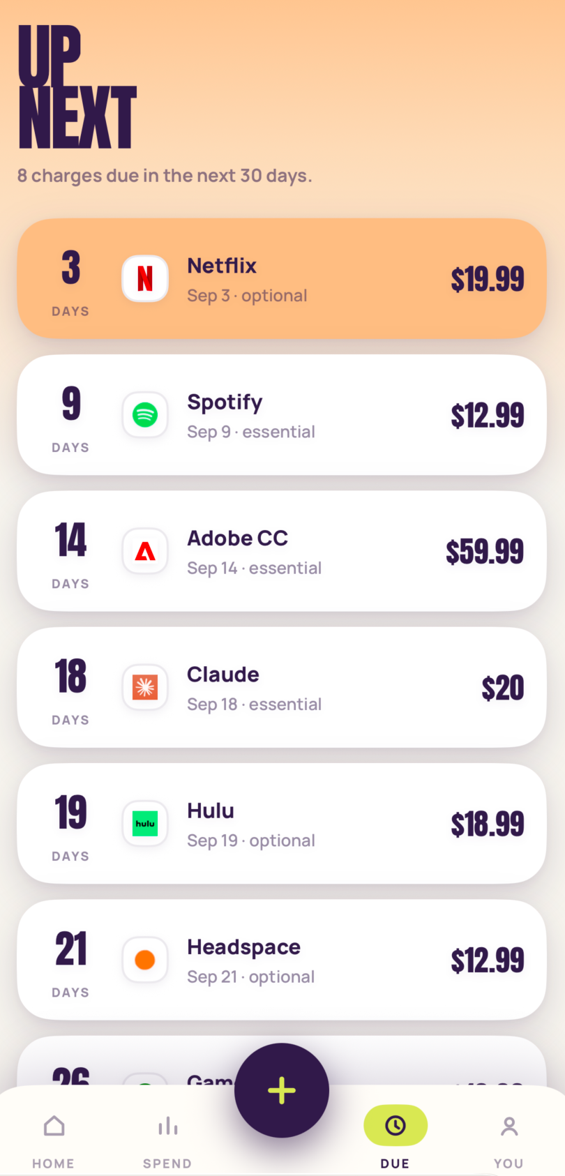 TAOT upcoming subscription renewals screen